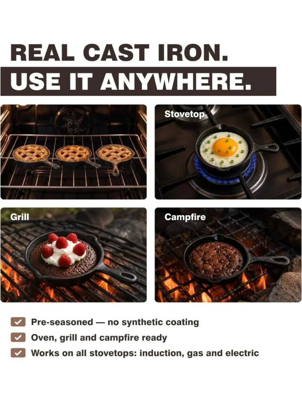 Mini Cast Iron Skillet Set - Pre-Seasoned for Cookies, Eggs & Desserts | 6